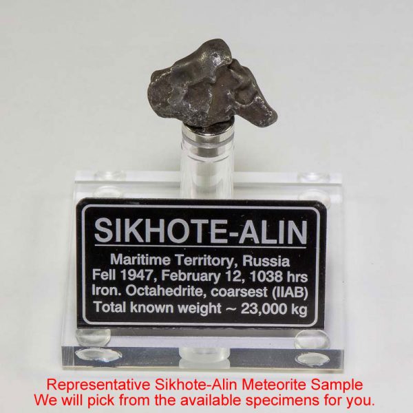 Sikhote-Alin Meteorite Display – Clear Acrylic 9-11 grams